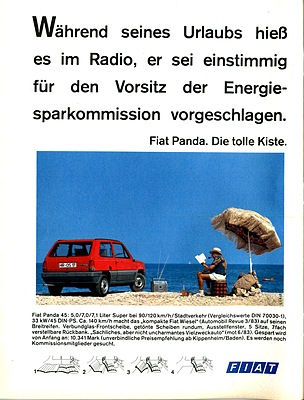 Bild: Fiat Panda 45 (1983) - Werbung nutzt Sparsamkeit und günstigen Einstandspreis aus